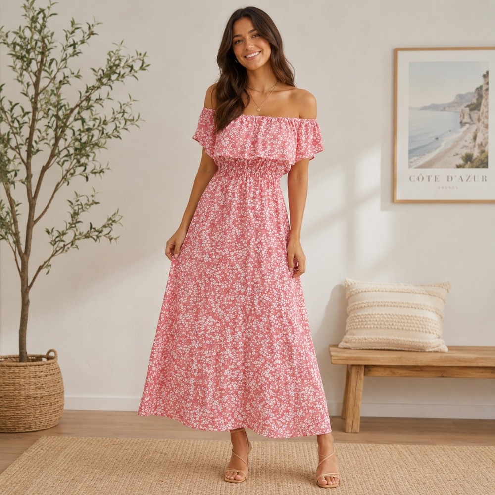Fashion Pink Floral Cottagecore Midi Dress Off Shoulder Prairie Coquette Small